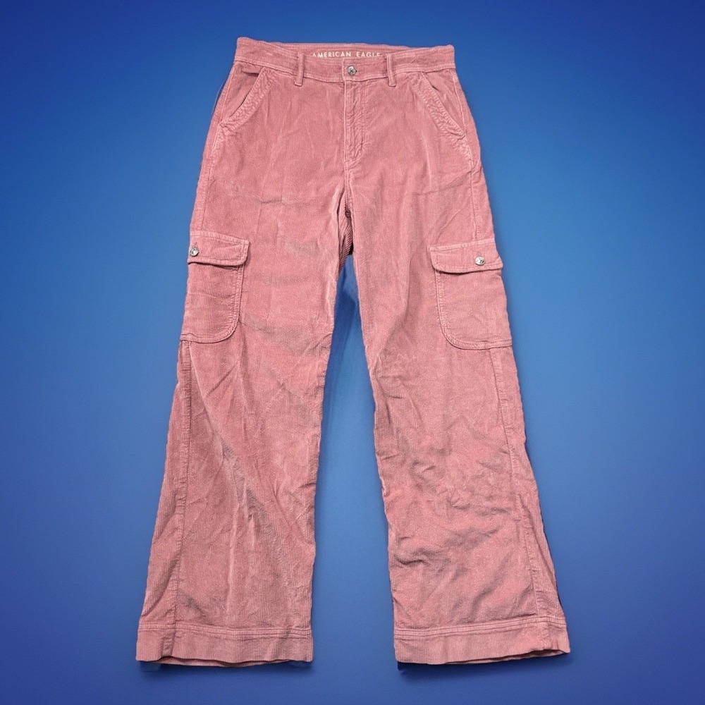 American Eagle Super High Rise Baggy Wide Leg Jeans Pink Corduroy Womens 10 Reg